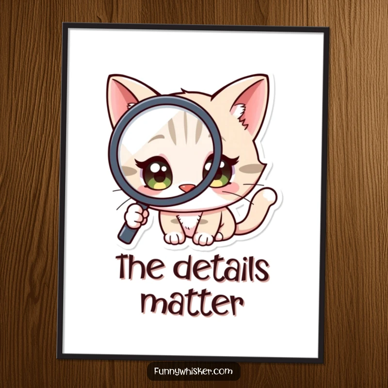 Funny Poster: High-quality print of a cat character with wide, curious eyes peering intently through a magnifying glass.