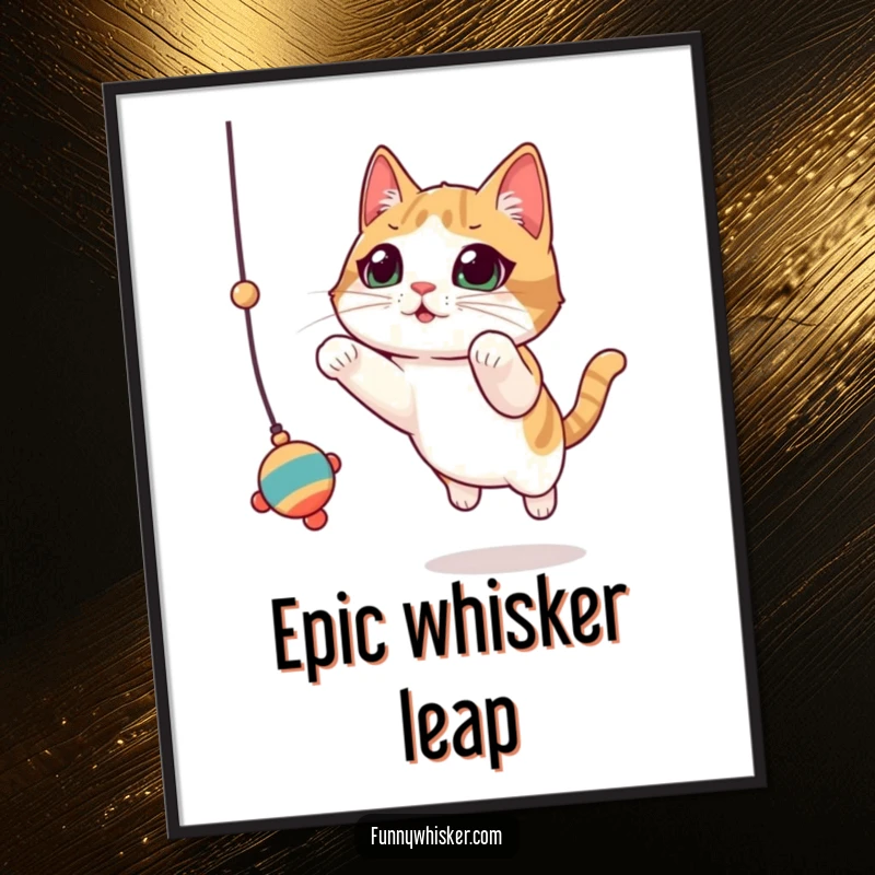 Funny Cat Poster: A cat with oversized, wiggling whiskers leaps towards a dangling toy, creating humorous action art.
