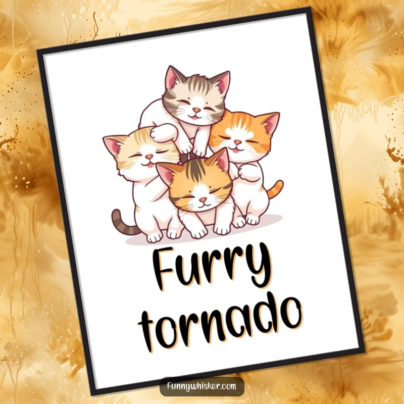 Funny art print of three cats tumbling in a chaotic, whisker-filled pile, celebrating playful feline energy.