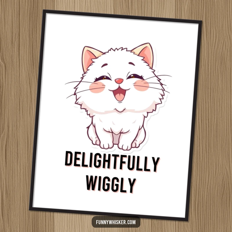 Funny poster showcasing a fluffy cat character with comically oversized whiskers wiggling with pure, unbridled delight.