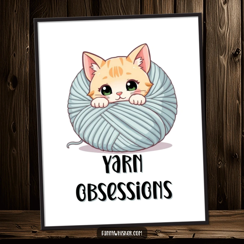 Funny cat poster featuring a curious cat with twitching whiskers peeking from behind a giant ball of yarn, full of playful mischief.
