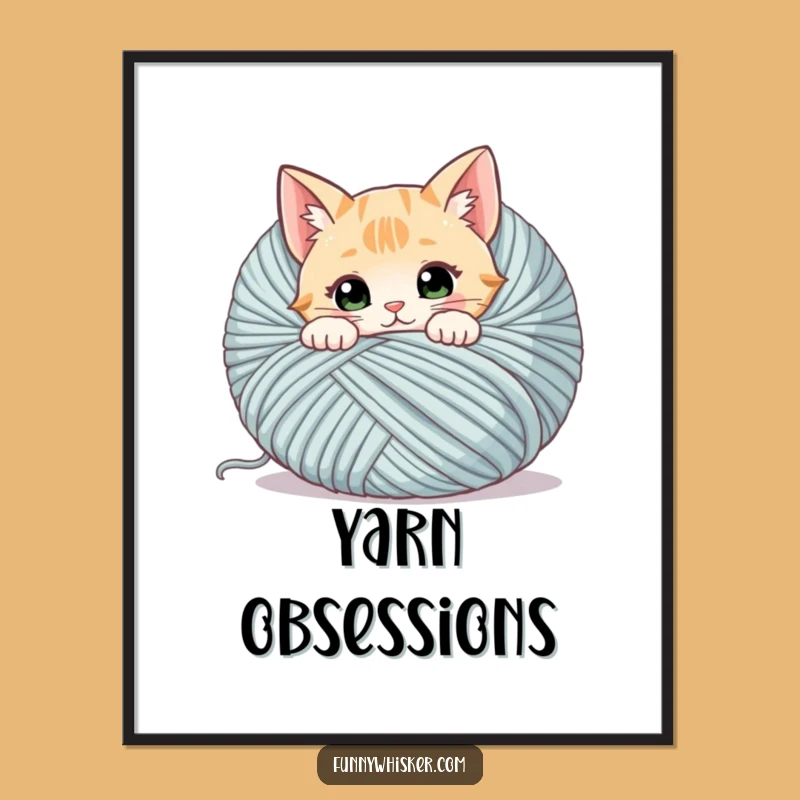 Funny Cat Yarn Poster: Curious Kitty Peeking, Whimsical Wall Art Gift