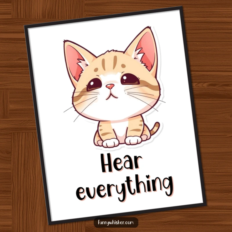 Funny poster art of a cat with perked ears and twitching whiskers, depicting peak curiosity and attentiveness.