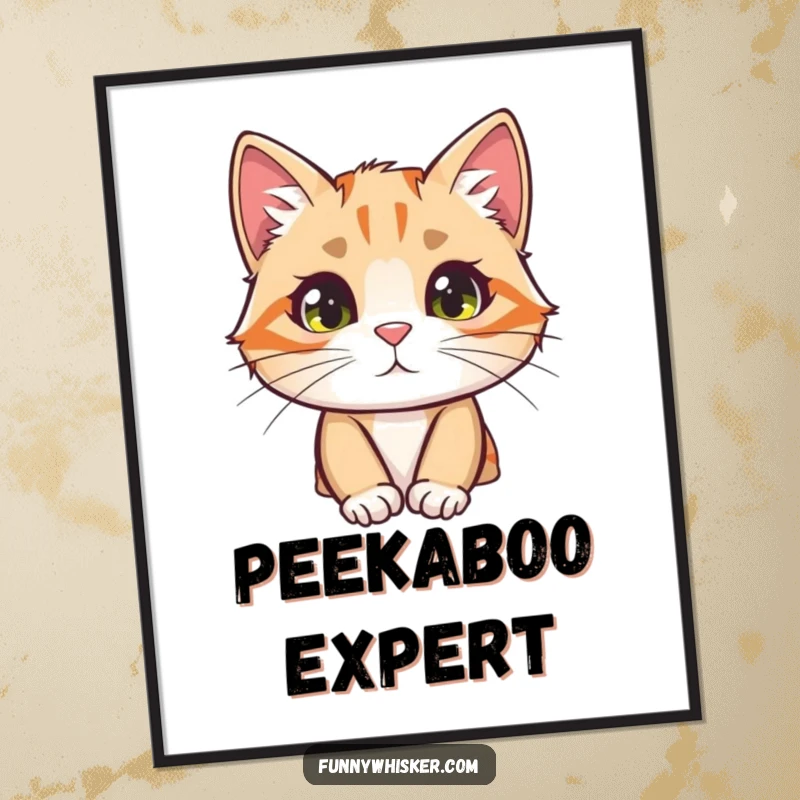 Funny cat poster featuring a curious character peeking from behind a large, fuzzy whisker, adding artistic whimsy.