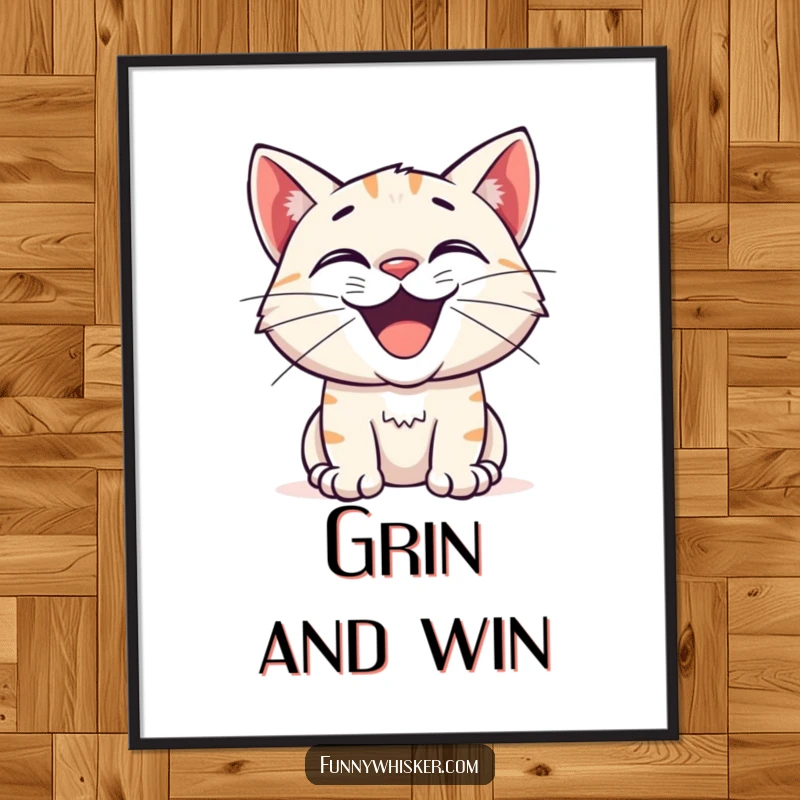 Funny poster showing a cat with an exaggerated excited grin and twitching whiskers, capturing pure curiosity and bringing joy to wall decor.