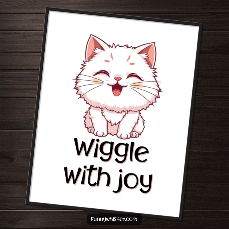 Funny Cat Poster showing a fluffy cat with exaggerated, wiggling whiskers radiating excitement, adding vibrant humor, a perfect gift.
