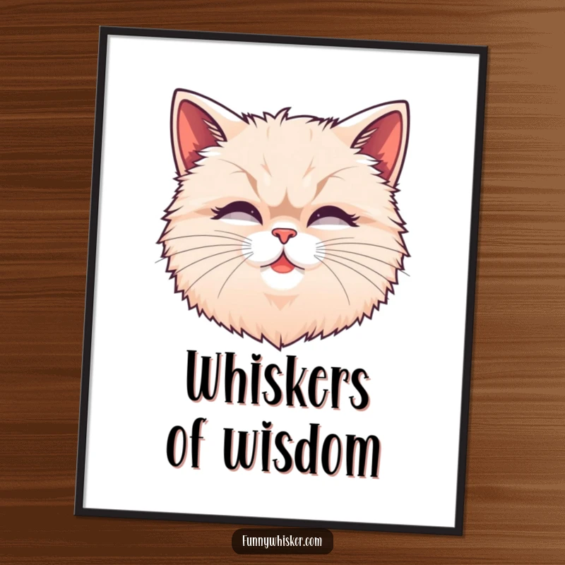Funny fluffy cat head poster with exaggerated, wiggling whiskers, a charming and humorous piece of feline art for any room.