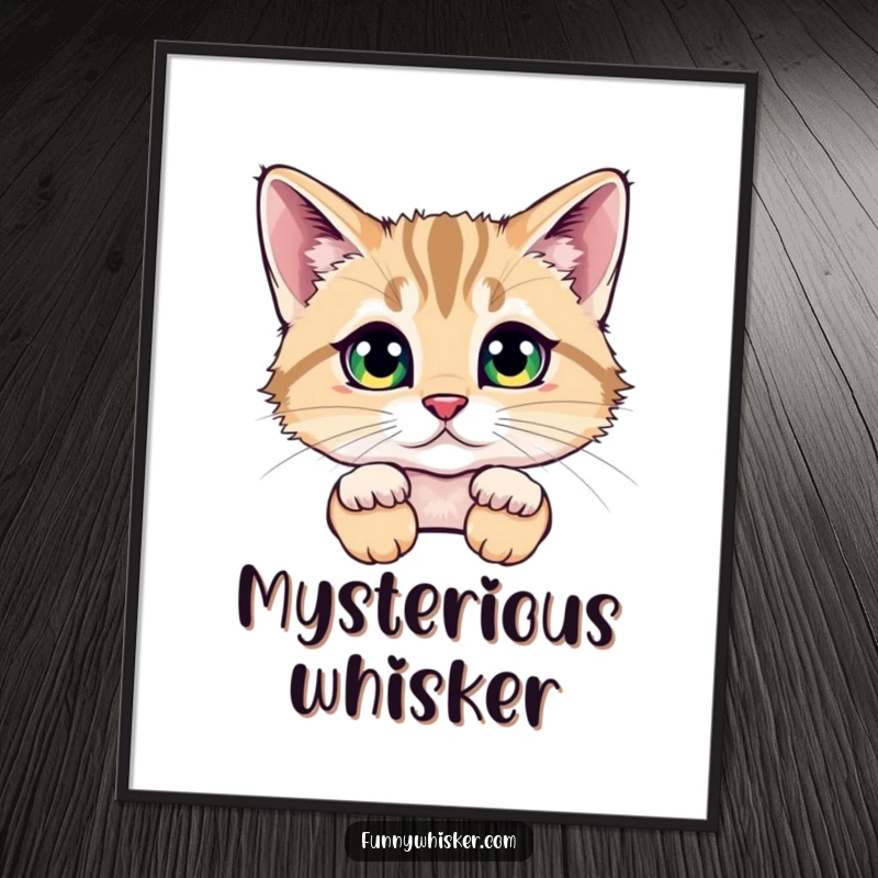 Funny poster showing a cat peeking from behind oversized, fluffy whiskers, with sparkling eyes, creating a sense of playful wonder for wall art.