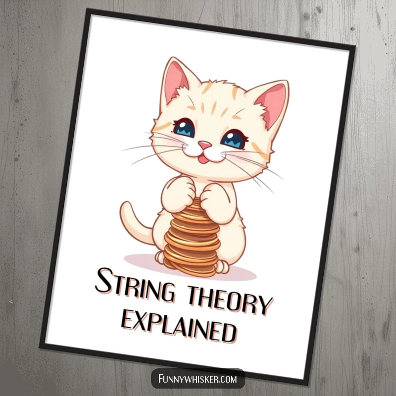 Funny poster showcasing a determined kitten trying to balance an impossibly tall stack of wobbly strings, celebrating playful feline focus.