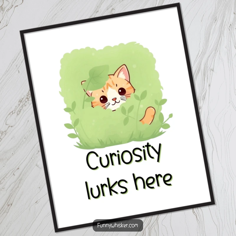 Funny cat poster featuring only twitching whiskers peeking from behind a bush, perfect for adding mystery and humor.