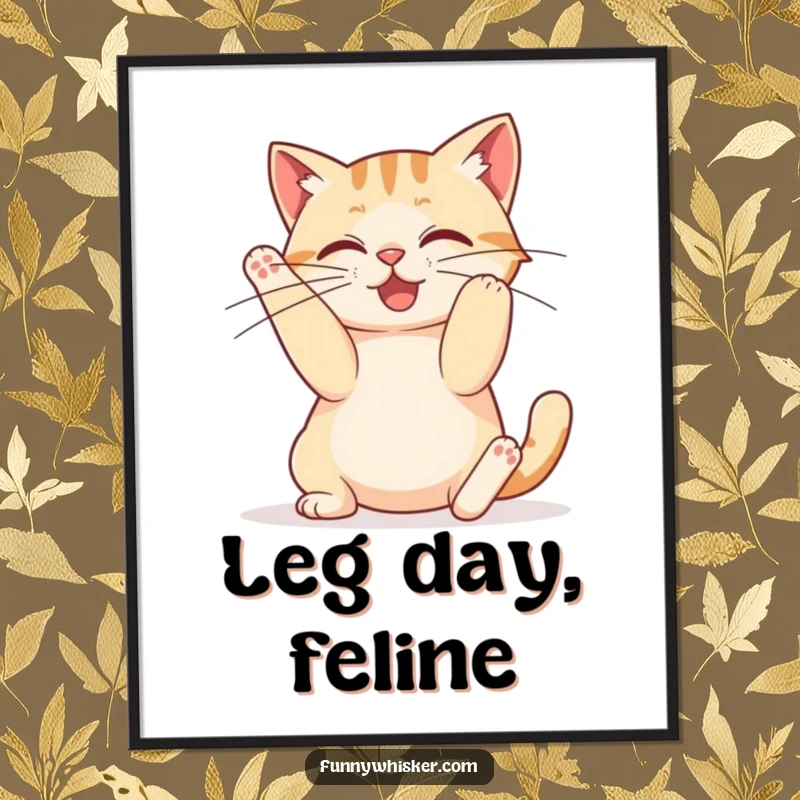 Funny poster art of a cat doing a humorous stretch, its whiskers dramatically elongated, looking wonderfully silly.