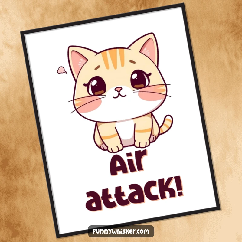 Funny cat poster illustrating a character with a surprised expression, whiskers recoiling from a gentle puff of air, a humorous wall art piece.