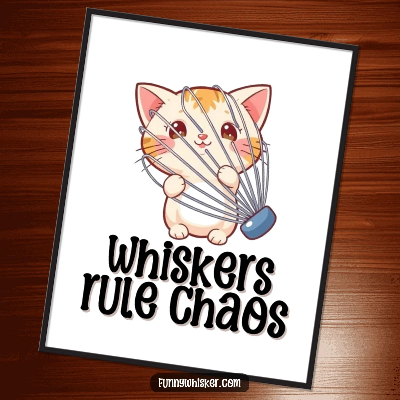 Funny art print of a cat peeking from behind a large whisk, bringing humorous kitchen vibes to your decor.