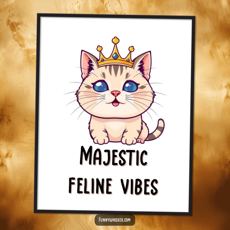 Funny poster of a cat wearing a crown made from fluffy whiskers, looking both majestic and hilariously daft, perfect decor.