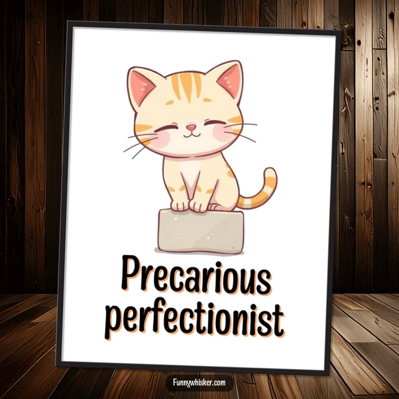 Funny Cat Poster illustrating a cat character balancing on a tiny ledge, its whiskers playing a key role in its stability.