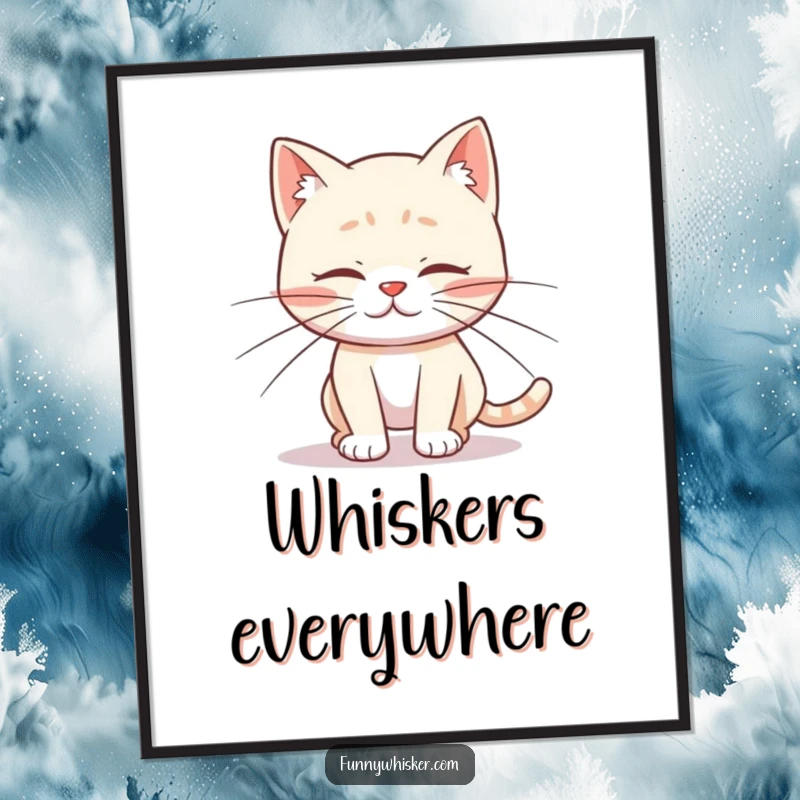 Funny poster featuring a cat character with comically long whiskers tripping over its own feet, capturing hilarious feline awkwardness and charm.