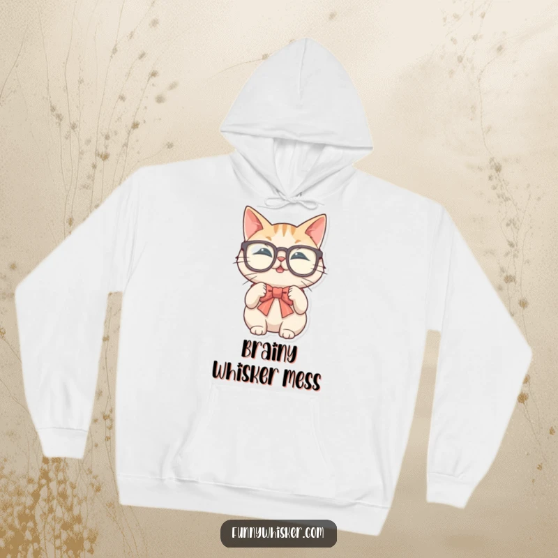 Funny hoodie with a cat in large glasses attempting to tie a bow tie with its whiskers, offering warmth.