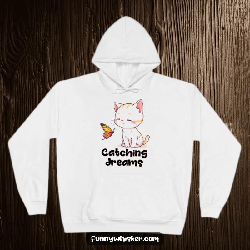 Funny Cat Hoodie showing a cat attempting to catch a butterfly with its whiskers, combining warmth and feline fun, excellent gift.