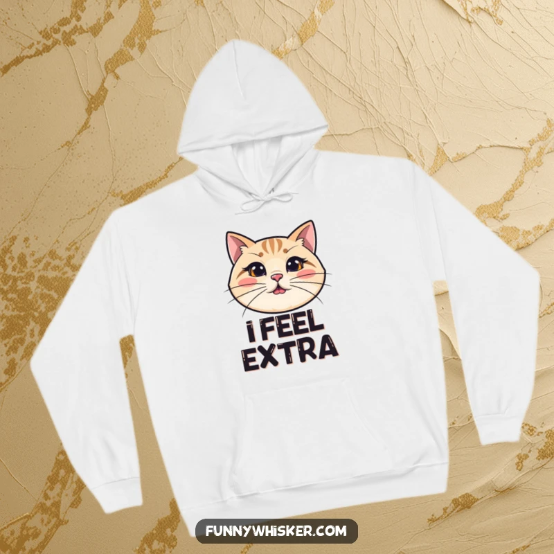 Funny cat hoodie displaying a simplified feline face with exceptionally long, wobbly whiskers, offering cozy humor and a playful vibe.