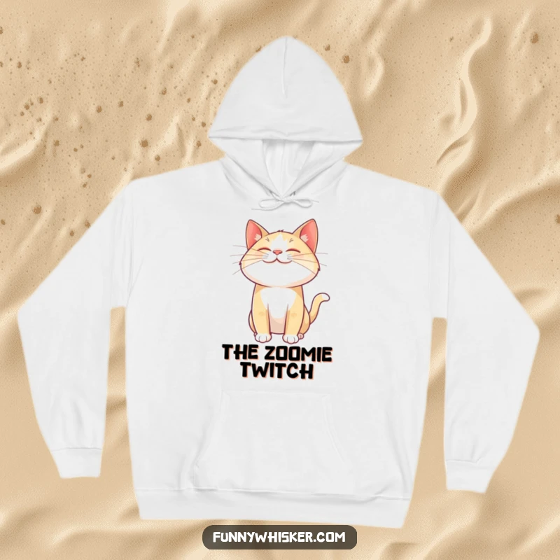 Funny cat hoodie featuring a giant, joyful whisker twitching mid-air, providing warmth and a touch of pure feline happiness.
