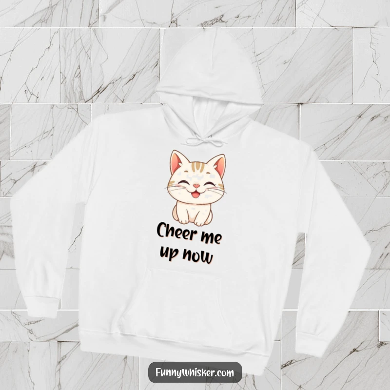 Funny hoodie, a cat character with whiskers curled into a cheerful grin, providing warmth and a symbol of pure, infectious joy.