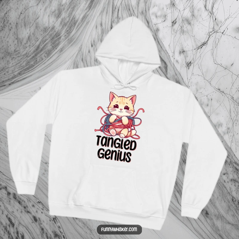 Funny hoodie showcasing a cat tangled in yarn, whiskers askew, with an innocently mischievous expression, designed for comfort and laughs.
