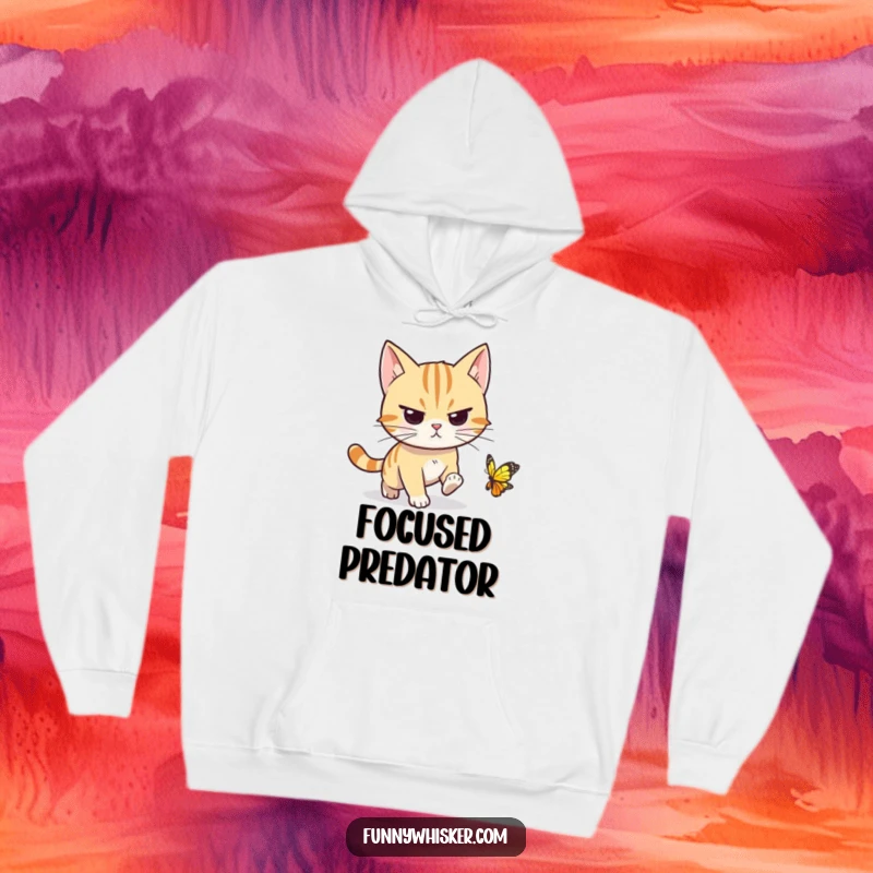 Funny cat hoodie depicting a determined character, whiskers pointed forward, chasing a tiny butterfly, offering warm comfort and humorous motivation.