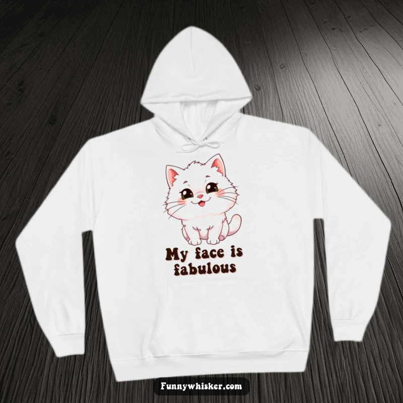 Funny Hoodie: A fluffy cat character with enormous, comical whiskers wiggling energetically with absolute glee.
