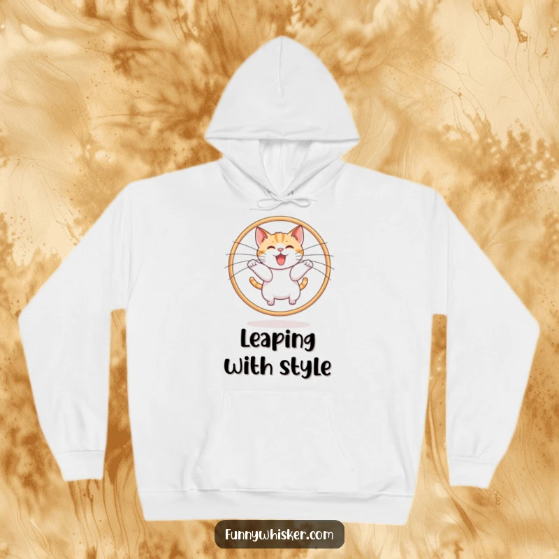 Funny cat mid-leap through a hoop of large whiskers, printed on a cozy hoodie, a delightful funny gift.