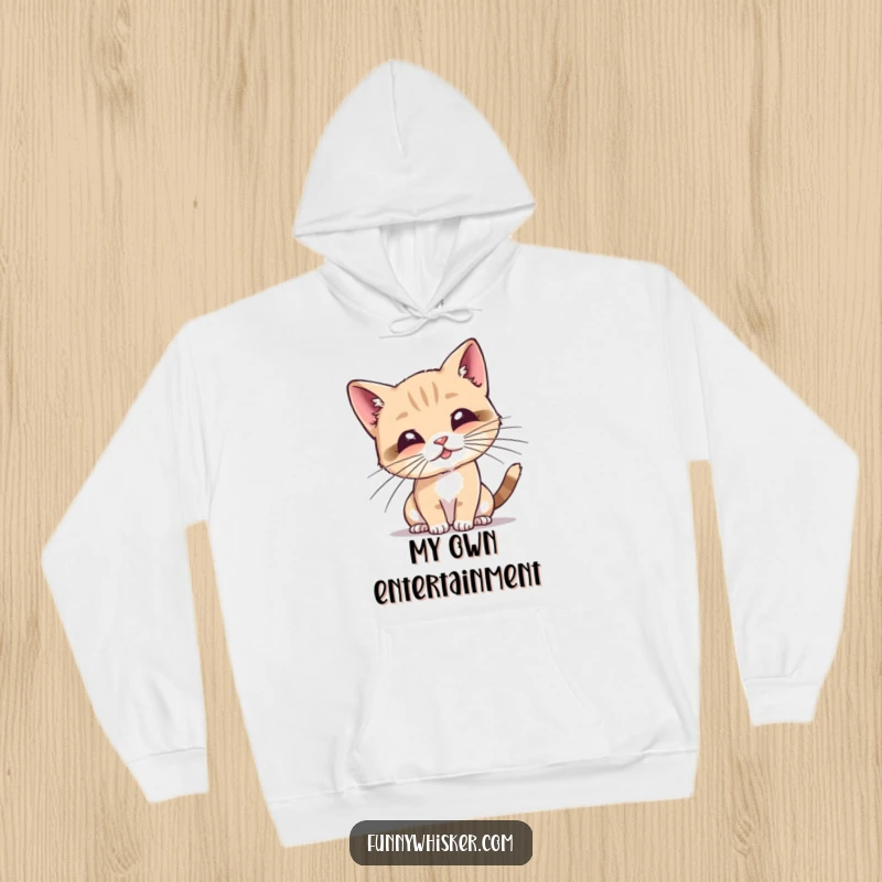 Funny cat hoodie showing a tiny cat playfully batting at its own lengthy, exaggerated whiskers, perfect for cozying up.