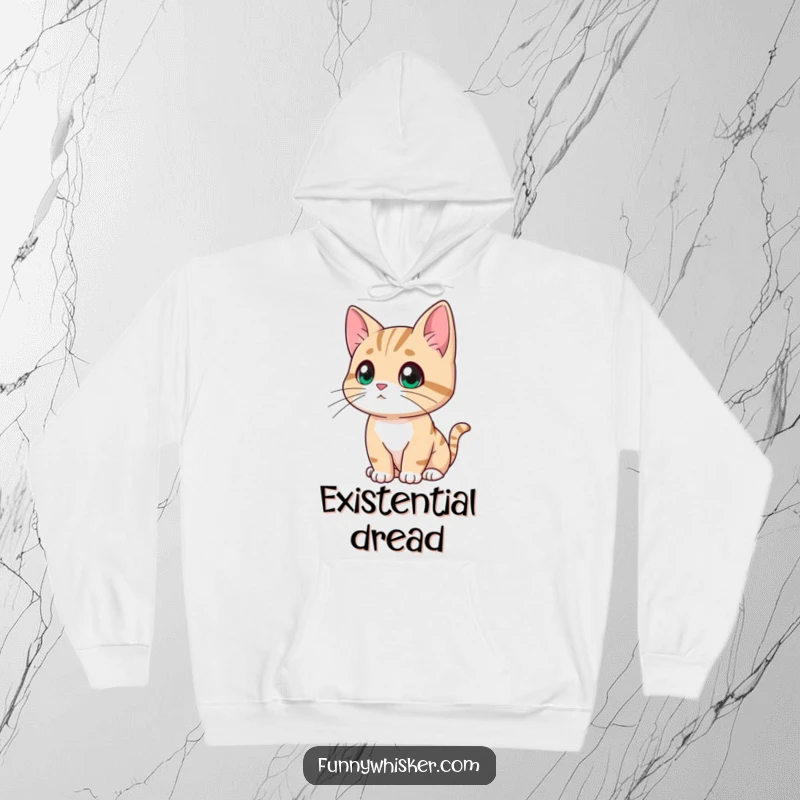 Funny cat hoodie depicting a character looking thoughtfully into the distance, whiskers drooping in pretend contemplation, offering warm, humorous comfort.