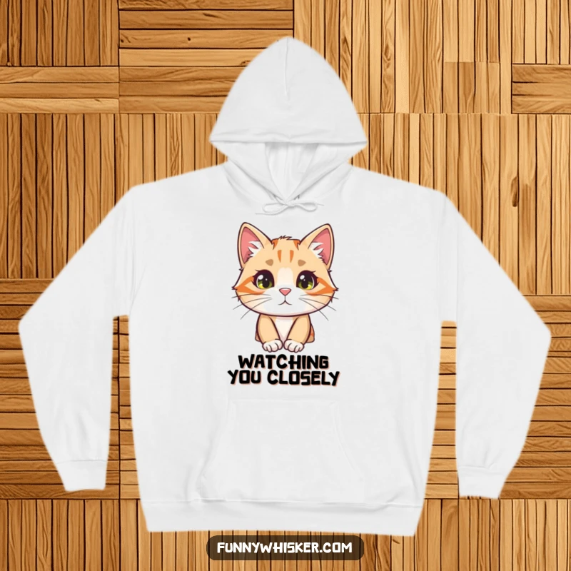 Funny cat hoodie showing a curious character peeking from behind a large, fuzzy whisker, offering warmth and amusement.