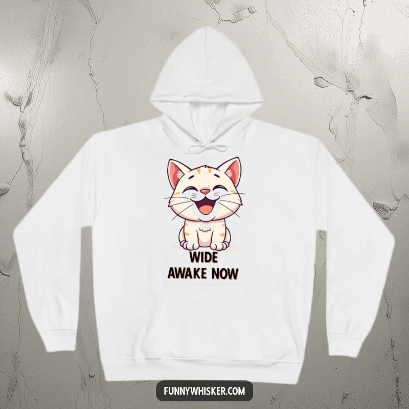 Funny hoodie featuring a cat with an overly excited grin and twitching whiskers, radiating curiosity and warmth for cozy wear.