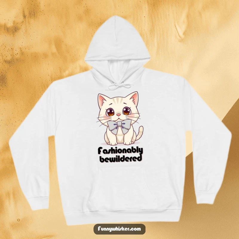 Funny hoodie of a cat with a dramatically oversized bow on its whiskers, wide-eyed with surprise.