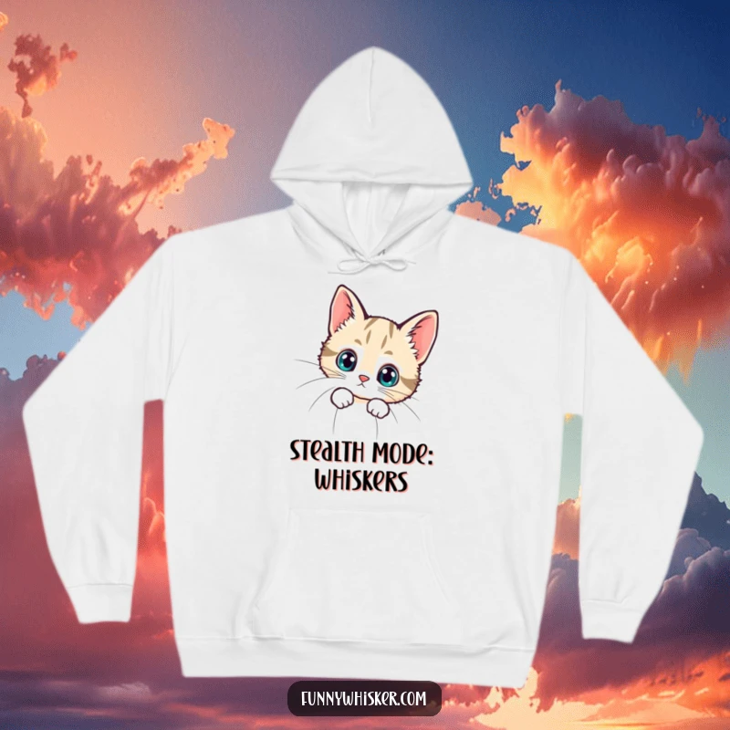 Funny hoodie depicting a small, curious cat peeking from behind an oversized whisker, radiating adorable and humorous charm.