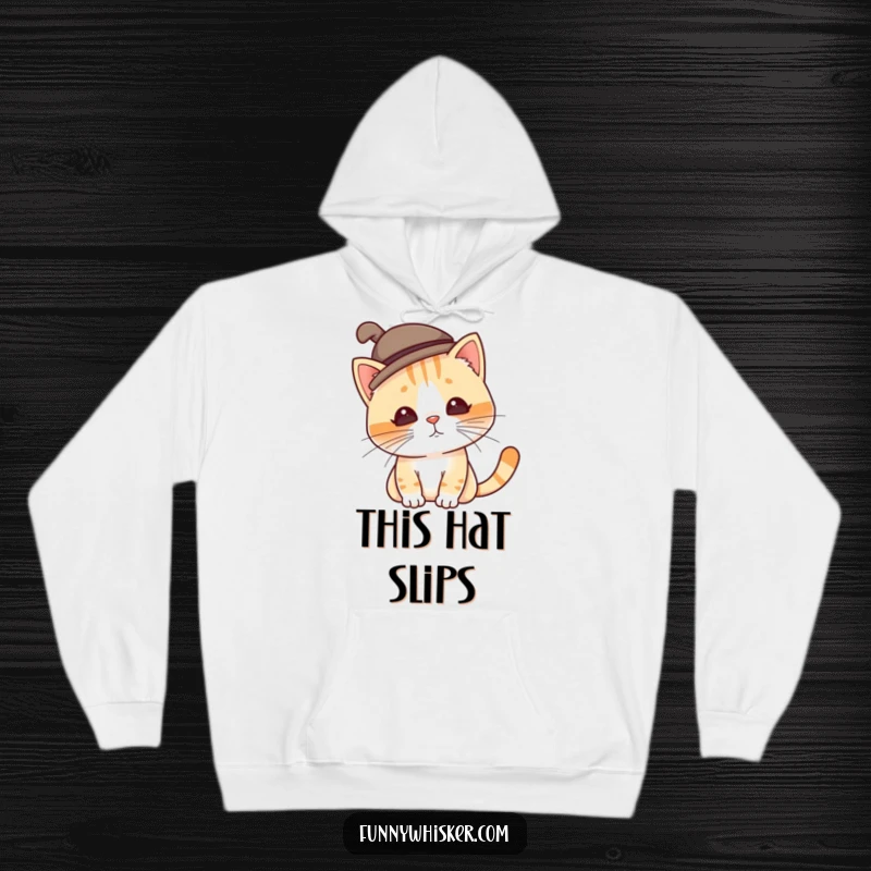 Funny cat hoodie featuring a whimsical character in a silly hat, constantly tilting due to twitching whiskers, offering warm, humorous comfort.