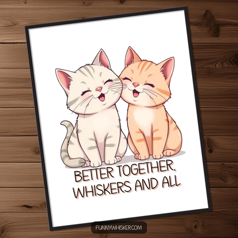 Funny Free Printable Wall Art: Two cats with comically large whiskers leaning together and giggling, cozy and humorous art.