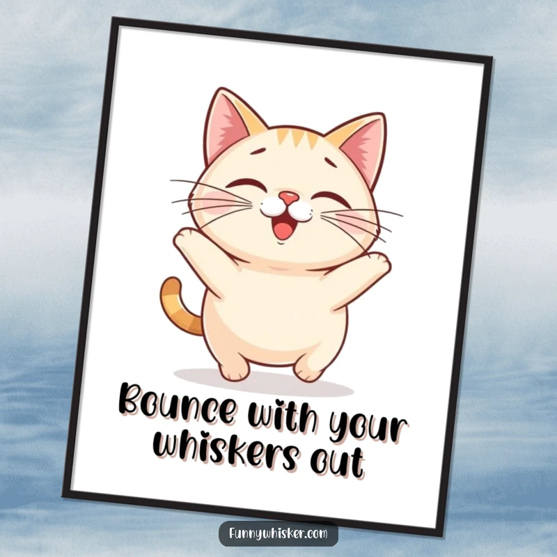 Funny Free Printable Wall Art, small round cat with comically oversized whiskers doing a happy bounce, cheerful decor, downloadable.