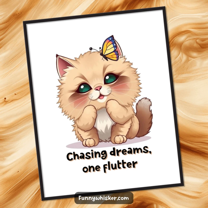 Funny Free Printable Wall Art of a fluffy cat with oversized whiskers playfully batting at a dancing butterfly.