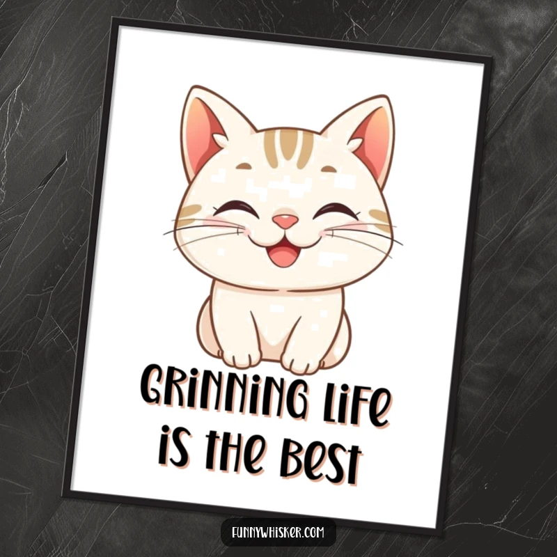 Funny Free Printable Wall Art: A cat with whiskers curled into an infectious, cheerful grin, bringing joy and humor to the wall.