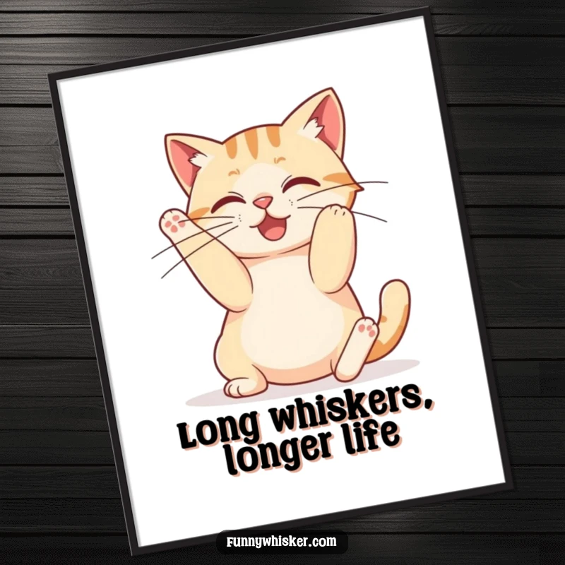 Funny Free Printable Wall Art: A cat elongating its body in a full stretch, its whiskers extending into comically long, silly strands.