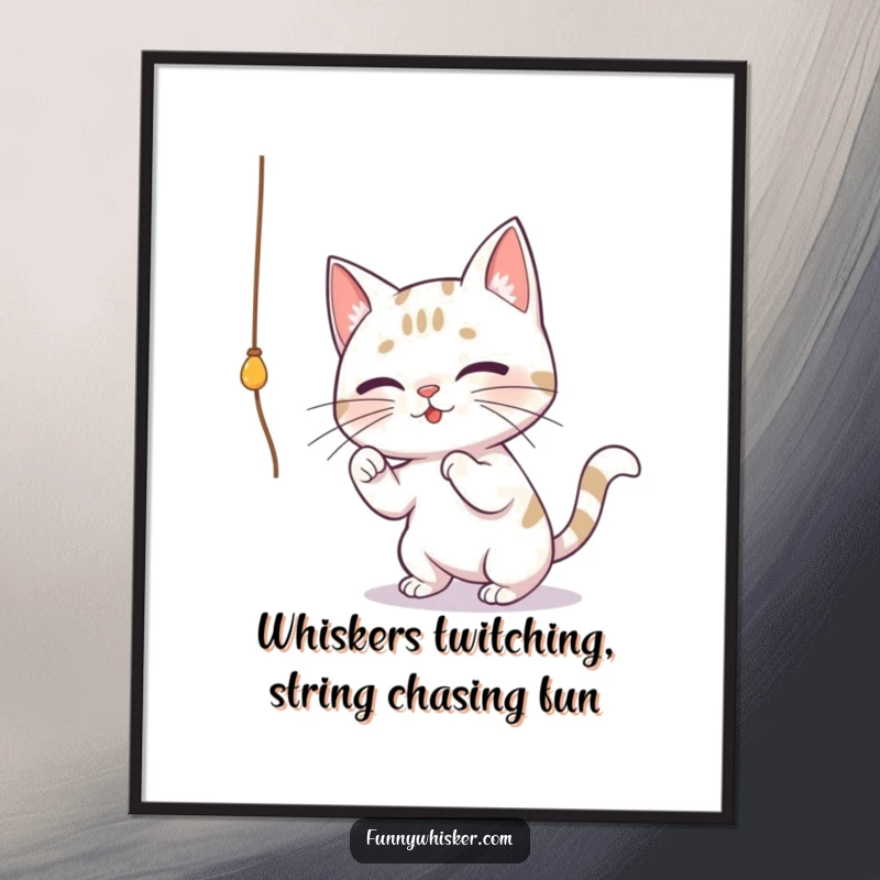 Funny Free Printable Wall Art: A cat with impressively large whiskers is captured mid-bat, playfully chasing a dangling string.