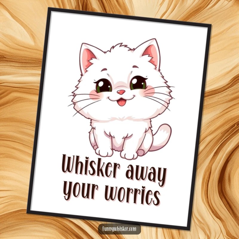 Funny Free Printable Wall Art: A fluffy cat character with exaggeratedly large, wiggly whiskers radiates pure, unbridled glee and happiness.