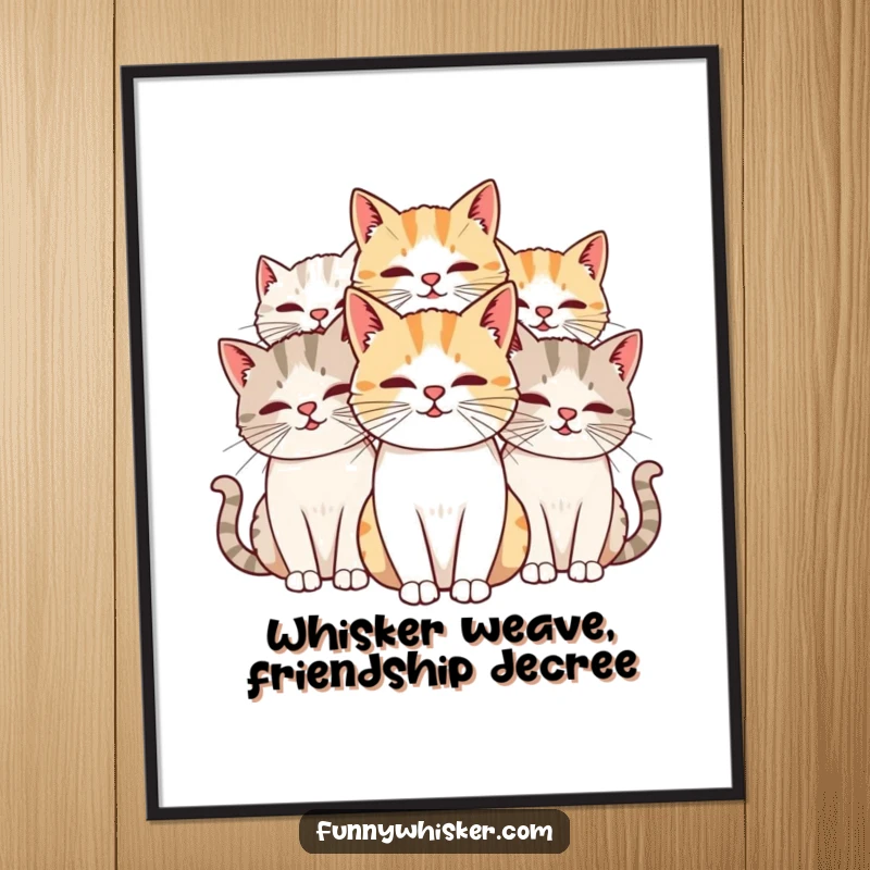 Funny Free Printable Cat Wall Art: Multiple cats with comically long, intertwined whiskers, charming downloadable art for your home.