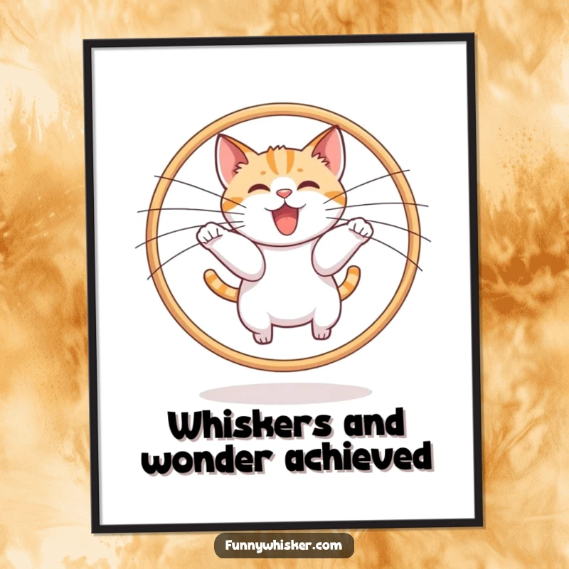 Funny free printable wall art: a playful cat is shown mid-leap, jumping through a hoop formed by two enormous, stylized cat whiskers.