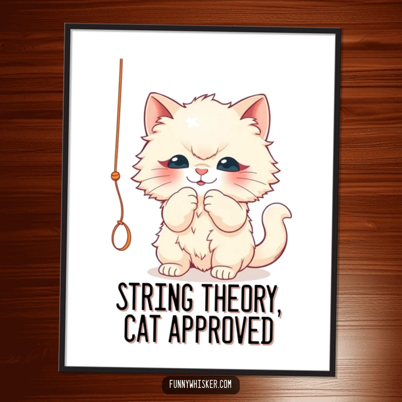 Funny Free Printable Wall Art: A fluffy cat is depicted in mid-action, playfully batting at a dangling string with glee.