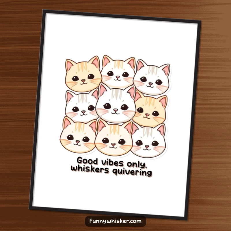 Funny Free Printable Wall Art: A group of small, round cat faces with vibrating whiskers, radiating happiness!