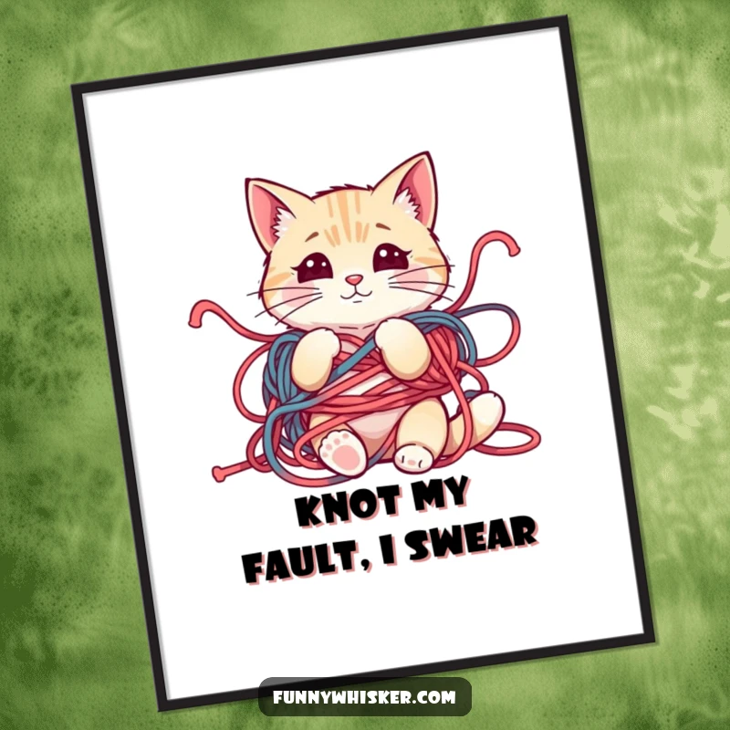 Funny Free Printable Wall Art: Mischievous cat entangled in yarn, perfect quirky downloadable art for any room.