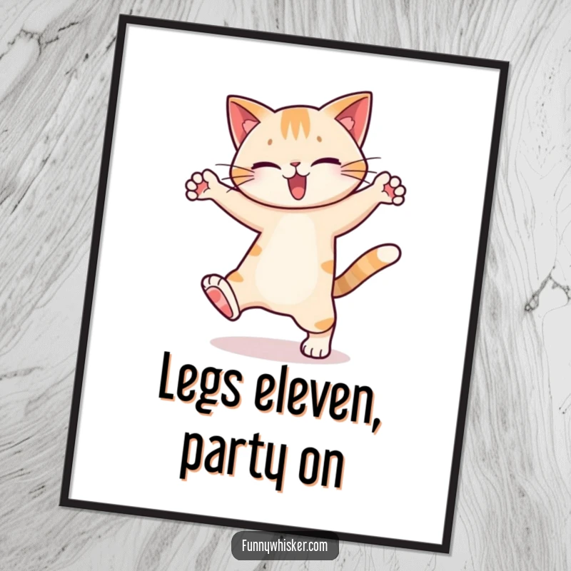 Funny Free Printable Wall Art: A cat character is shown mid-silly dance with its limbs stretched out in exaggerated, comical poses.