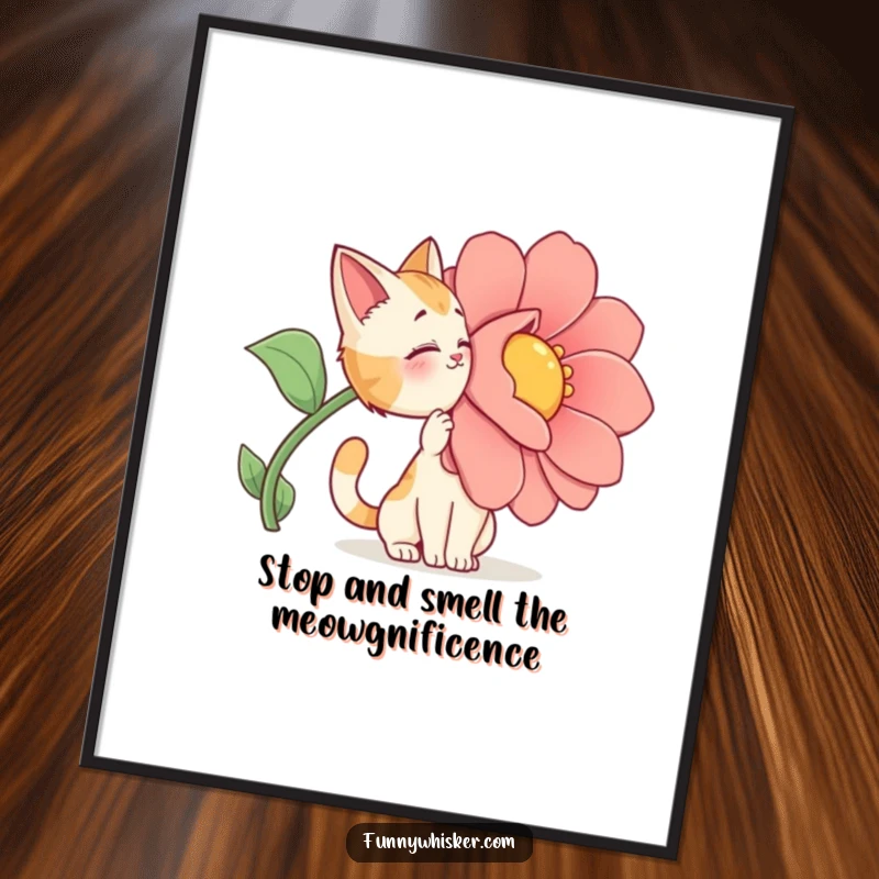 Funny Free Printable Wall Art: A cat character dramatically sniffs a colossal, brightly colored cartoon flower with eyes closed in exaggerated bliss.